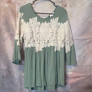 Umgee Green Blouse with White Lace Detail